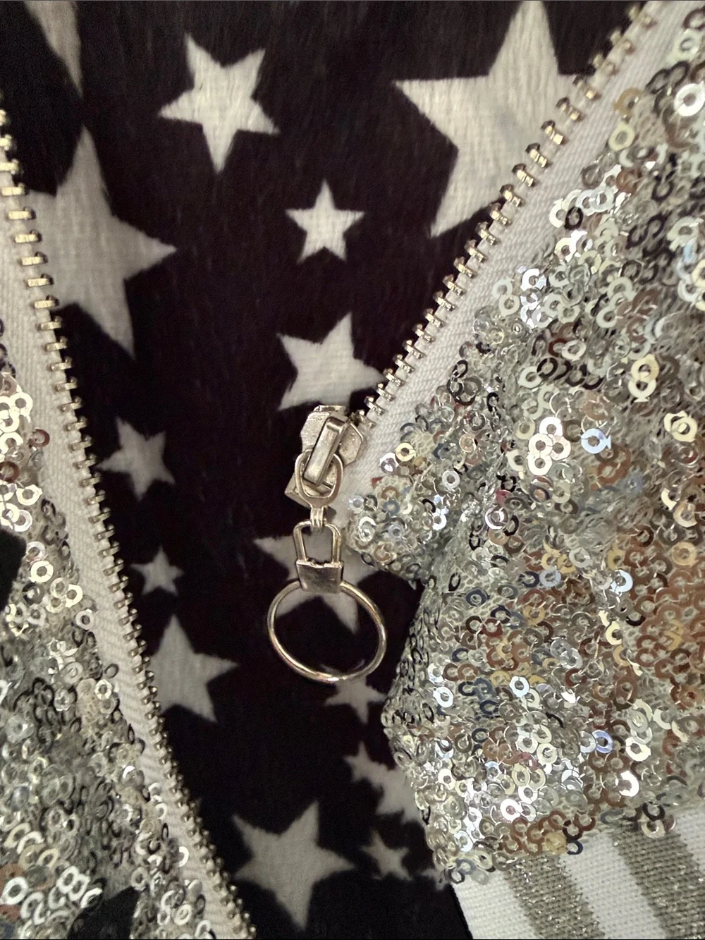 Lola + The Boys Silver Unicorn Sequin Jacket with Multicolor Star Patches